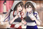  :d akagi_(kantai_collection) black_hair black_hakama blue_hakama brown_eyes brown_hair food fruit hair_between_eyes hakama highres holding holding_food houshou_(kantai_collection) japanese_clothes kaga_(kantai_collection) kantai_collection kappougi long_hair multiple_girls muneate ohitsu onigiri open_mouth pantyhose red_hakama rice short_hair side_ponytail smile tasuki umeboshi white_legwear yunamaro 