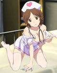  1girl breasts brown_hair crouching hospital hospital_bed large_breasts nurse nurse_cap sawabe_tsubaki shigatsu_wa_kimi_no_uso short_hari syringe 