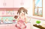  :d apron bow breasts brown_eyes brown_hair cutting_board food food_on_face frilled_apron frills highres icing idolmaster idolmaster_cinderella_girls idolmaster_cinderella_girls_starlight_stage kitchen ladle large_breasts looking_at_viewer measuring_cup mixing_bowl official_art open_mouth oven_mitts pastry_bag plant potted_plant red_bow red_skirt sink skirt smile solo spatula spoon sweet_valentine_(idolmaster) tongs totoki_airi window 