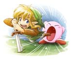  1boy 1other absorbing blonde_hair blue_eyes copy_ability hat kirby_(series) link long_hair male_focus nintendo open_mouth pointy_ears sayoyonsayoyo short_hair simple_background spoilers sword the_legend_of_zelda the_legend_of_zelda:_link&#039;s_awakening tunic weapon 