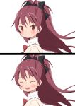  2koma :d ^_^ black_bow blush bow bowtie closed_eyes comic fang from_side hair_bow highres looking_at_viewer mahou_shoujo_madoka_magica mitakihara_school_uniform open_mouth ponytail red_neckwear sakura_kyouko school_uniform silent_comic smile tsubaki_(tatajd) white_background wide_ponytail 