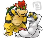  3_toes 4_fingers anthro balls blonde_hair blue_eyes bowser bowserboy101 claws collar dragon frottage hair hand_behind_head humanoid_penis koopa male male/male mario_bros nintendo partially_retracted_foreskin penis red_hair scales scalie sex shell simple_background sitting spiked_armlet spiked_collar spikes tattoo toes uncut video_games white_background white_scales yellow_scales 
