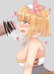  1boy 1girl blonde_hair blush breasts endro! eyebrows eyebrows_visible_through_hair fai_fai flower grey_background hair_flower hair_ornament heart highres imminent_fellatio large_breasts looking_at_penis monochrome_background open_mouth penis precum saliva shiny shiny_hair shiny_skin short_hair simple_background skindentation smile tongue trembling trembling_penis uino_nikka yellow_eyes 