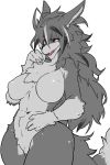  1girl breasts furry grey_hair konopizaga!! nipples open_mouth solo white_hair wolf 