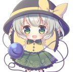  :d black_hat blush bow chibi commentary_request eyeball green_eyes green_skirt grey_hair hat kagome_f komeiji_koishi open_mouth outstretched_arms shirt short_hair simple_background skirt smile solo touhou white_background yellow_bow yellow_shirt 