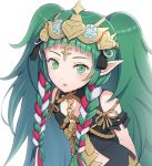  1girl braid cape dragon fire_emblem fire_emblem:_fuukasetsugetsu gem gonzarez green_eyes green_hair jewelry long_hair looking_at_viewer mamkute nintendo pointy_ears simple_background solo sothis tiara twin_braids twintails white_background 