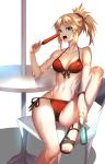  arm_support bikini blonde_hair bottle breasts covered_nipples fate/apocrypha fate/grand_order fate_(series) front-tie_top green_eyes highres hot_dog long_hair mordred_(fate)_(all) mordred_(swimsuit_rider)_(fate) open_mouth open_toe_shoes ponytail rahato ramune red_bikini red_scrunchie scrunchie side-tie_bikini simple_background sitting solo swimsuit table teeth white_background 
