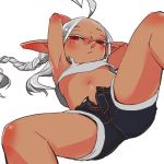  1girl ahoge braid dark_skin female flat_chest gala_(pixiv747128) looking_at_viewer looking_down midriff navel open_fly original pointy_ears red_eyes short_shorts shorts silver_hair solo unbuttoned 