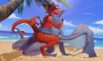  anthro beach day detailed_background digital_media_(artwork) dragon duo female horn kitty_silence male male/female membranous_wings outside seaside sky spines wings 