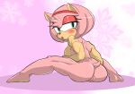  amy_rose anthro anus as177sd back_muscles biceps blush breasts butt eulipotyphlan eyeshadow female green_eyes hairband hedgehog lipstick looking_back makeup mammal muscular muscular_female nude pattern_background pink_background pussy rear_view side_boob simple_background sitting snowflake solo sonic_(series) triceps 
