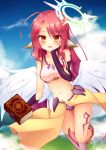  absurdres angel_wings blush book breasts commentary_request crop_top feathered_wings gloves halo highres holding holding_book jibril_(no_game_no_life) long_hair looking_at_viewer low_wings magic_circle mebaru_(momo66xknkd) medium_breasts midriff mismatched_legwear navel no_game_no_life open_mouth pink_hair smile solo stomach tattoo very_long_hair white_wings wing_ears wings yellow_eyes 