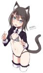  :d animal_ears bangs bikini black_shirt blue_eyes blush brown_hair cat_ears cat_girl cat_tail cropped_legs dated eyebrows_visible_through_hair fang hair_between_eyes long_hair long_sleeves looking_at_viewer maze_(gochama_ze_gohan) navel open_mouth original shirt signature simple_background sketch smile solo striped swimsuit tail thighhighs vertical-striped_bikini vertical_stripes white_background white_legwear 