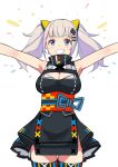  :d arms_up bangs bare_shoulders black_dress blue_eyes blush breasts cleavage cleavage_cutout dress eyebrows_visible_through_hair fang grin hair_ornament hairclip kaguya_luna kaguya_luna_(character) large_breasts looking_at_viewer medium_hair obi open_mouth outstretched_arms saiste sash sidelocks silver_hair simple_background sleeveless sleeveless_dress smile solo teeth thighhighs twintails virtual_youtuber white_background 