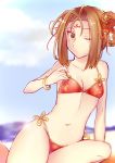  absurdres bangs beach bikini blue_sky breasts brown_hair cleavage cloud commentary_request day double_bun facial_mark fate/grand_order fate_(series) forehead_mark frown hair_ribbon hair_rings highres kamonoya looking_at_viewer nezha_(fate/grand_order) one_eye_closed parted_bangs red_bikini red_ribbon ribbon short_hair sitting sky small_breasts solo sun_glare swimsuit 