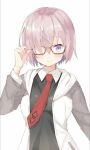  black_shirt collared_shirt fate/grand_order fate_(series) glasses grey_coat hair_over_one_eye lavender_hair long_sleeves looking_at_viewer mash_kyrielight necktie purple_eyes red_neckwear shirt simple_background smile solo tsubaki_(tatajd) white_background white_coat 