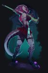  black_sclera breasts butt_pose cobra female fishnet gun hitmore pink_eyes ranged_weapon reptile rifle rose_(deathhydra) scalie snake weapon 