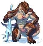  2018 absurd_res animal_genitalia digital_media_(artwork) erection hand_on_thigh head_down hi_res kneeling lizard looking_at_viewer looking_up male markings melee_weapon nude overlord_(series) penis precum reptile rollwulf scalie simple_background smaller_version_at_source solo sword tattoo tribal_tattoo weapon zaryusu_shasha 