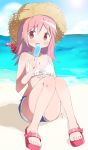  beach bikini blue_sky blush bow breasts cloud day eating food hat highres holding holding_food kaname_madoka knees_together_feet_apart looking_at_viewer mahou_shoujo_madoka_magica midriff on_ground pink_bow pink_eyes pink_footwear pink_hair polka_dot polka_dot_bow popsicle red_bow sand sandals short_hair short_shorts shorts sitting sky small_breasts smile solo straw_hat swimsuit tsubaki_(tatajd) water white_bikini white_bikini_top 