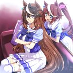  :d animal_ears blue_eyes brown_hair collarbone commentary_request couch crossed_arms hair_ribbon horse_ears horse_girl horse_tail long_hair multicolored_hair multiple_girls nakahira_guy open_mouth ponytail ribbon school_uniform serafuku sitting skirt smile symboli_rudolf_(umamusume) tail thighhighs tokai_teio two-tone_hair umamusume very_long_hair 