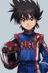  black_hair brown_eyes future_gpx_cyber_formula gloves hankuri headwear_removed helmet helmet_removed holding holding_helmet kazami_hayato racing_suit smile solo 