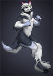  2018 5_fingers angiewolf anthro black_nose canine digital_media_(artwork) digitigrade dog fur grey_background grey_eyes grey_fur hair male mammal navel nude simple_background smile solo white_hair 