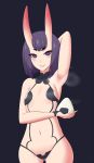  blush clothed clothing female hair horn humanoid invalid_tag jcdr long_hair looking_at_viewer mammal oni purple_eyes purple_hair riceball rubber skimpy solo spandex teasing tight_clothing 