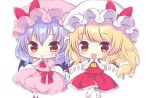  :d blonde_hair bow chibi dress flandre_scarlet hat kagome_f lavender_hair looking_at_viewer multiple_girls open_mouth pink_dress pink_hat red_bow red_dress red_eyes remilia_scarlet short_hair short_sleeves simple_background smile touhou white_background white_hat yellow_neckwear 