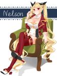  absurdres adjusting_hair azur_lane black_ribbon blonde_hair blush boots breasts chair character_name cleavage closed_mouth commentary_request crossed_legs detached_collar double-breasted dress epaulettes frown full_body gold_trim hair_ribbon highres jacket lace_border large_breasts long_hair looking_at_viewer microdress nelson_(azur_lane) red_eyes red_footwear red_jacket ribbon sanba_tsui simple_background sitting solo strapless strapless_dress thigh_boots thighhighs tsurime twintails very_long_hair white_background 