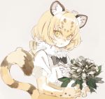  animal_ears blonde_hair bouquet bow bowtie center_frills elbow_gloves eyebrows_visible_through_hair fang flower fur_collar gloves jaguar_(kemono_friends) jaguar_ears jaguar_print jaguar_tail kemono_friends konabetate leaf multicolored_hair short_hair short_sleeves solo tail upper_body 