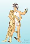  anthro antlers beverage biscuits cervine cheetah feline horn humanoid_penis jewelry male male/male mammal multi_arm multi_limb necklace penis piercing plantigrade standing tavros 