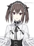  black_choker black_dress black_hairband brown_eyes brown_hair choker corset dress gloves hairband highres iriam koma_shibari long_sleeves looking_at_viewer open_mouth original shirt solo twintails upper_body vane virtual_youtuber white_background white_gloves white_shirt 