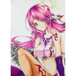  angel_wings breasts commentary crop_top feathered_wings gloves halo highres jibril_(no_game_no_life) large_breasts long_hair low_wings magic_circle marker_(medium) midriff navel no_game_no_life pink_hair shinki_(user_srrn2727) sideboob solo tattoo traditional_media wing_ears wings yellow_eyes 