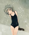  arms_behind_back black_swimsuit blush collarbone commentary green_eyes grey_hair head_scarf head_tilt jecy looking_at_viewer losika_(jecy) one-piece_swimsuit original short_hair smile snowflake_print solo swimsuit thigh_gap water_gun wavy_mouth wet wet_hair 