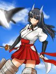  anabuki_tomoko animal_ears bangs black_eyes black_hair blue_skirt blunt_bangs cloud day dog_ears dog_tail katana kunashiri_(etorofu) neuroi red_ribbon red_skirt ribbon skirt solo strike_witches striker_unit sword tail weapon world_witches_series 