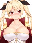  angry azur_lane black_ribbon blonde_hair blush breasts cleavage clenched_teeth collarbone commentary_request dyne_gallon epaulettes hair_ribbon head_tilt jacket large_breasts long_hair looking_at_viewer nelson_(azur_lane) open_clothes open_jacket red_eyes red_jacket ribbon solo teeth upper_body 