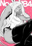  adjusting_hair animal_ears animal_print arm_support ass bangs bare_arms boku_no_hero_academia breasts bunny_ears bunny_print claws commentary_request dark_skin evil_grin evil_smile feet_out_of_frame from_side fur_trim greyscale grin halterneck hand_up highleg highleg_leotard invisible_chair large_breasts leotard long_hair looking_at_viewer maneki-neko_(fujifuji) monochrome number parted_bangs paw_print pink_background sidelocks sideways_glance sitting smile spot_color straight_hair swept_bangs teeth thighhighs thighs toned turtleneck usagiyama_rumi v-shaped_eyebrows very_long_hair 
