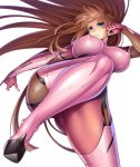  aoi_nagisa_(metalder) ass blue_eyes bodysuit boots breasts breasts_apart brown_hair commentary_request covered_nipples elbow_gloves fishnets floating_hair gloves highres impossible_bodysuit impossible_clothes kicking koukawa_asuka large_breasts long_hair looking_at_viewer ninja official_art parted_lips pink_bodysuit shiny shiny_clothes shiny_hair simple_background skin_tight solo taimanin_(series) taimanin_asagi taimanin_asagi_kessen_arena thighhighs thighs turtleneck very_long_hair white_background 