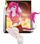  2016 4_toes 5_fingers anthro breasts clothed clothing digital_media_(artwork) dragon eyelashes female hair pink_hair pink_nose sitting smile toes xx-starduster-xx yellow_eyes 