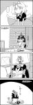  4koma black_hair bow broom cleaning_windows comic commentary_request cosplay cushion door futatsuiwa_mamizou glasses greyscale hair_between_eyes hair_bow hair_ribbon hair_tubes hakurei_reimu hakurei_reimu_(cosplay) highres kneeling medicine_melancholy monochrome on_head person_on_head pince-nez raccoon_tail rag ribbon short_sleeves smile spring_onion sweeping tail tani_takeshi touhou translation_request window yukkuri_shiteitte_ne 