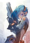  blue_eyes blue_hair bodysuit breasts closed_mouth commentary_request covered_navel cross eyes_visible_through_hair gun highres holding holding_gun holding_weapon karesuki looking_at_viewer medium_breasts navel original outdoors revision road_sign science_fiction scouter short_hair sign smile solo standing weapon 