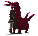  2010 ambiguous_gender boots brown_hair clothed clothing comforting duo female footwear hair half-closed_eyes hilda_(pok&eacute;mon) human mammal messenger_bag nintendo pok&eacute;mon pok&eacute;mon_(species) purple_body scolipede shorts simple_background size_difference video_games white_background yoji_gen 