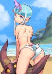  ass bangs bare_arms bare_shoulders beach bikini blue_hair bow commentary_request copyright_request day eyebrows_visible_through_hair glowing glowing_eyes gradient_hair highres horizon horn horn_ribbon horns long_hair multicolored_hair ninnin_(shishitou) ocean pink_bow pink_ribbon purple_eyes ribbon sand shoulder_blades skull solo swimsuit tail water white_bikini white_hair 