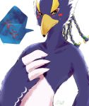  2018 anthro avian beak bird blue_feathers blush braided_hair breath_of_the_wild clothed clothing feathers front_view green_eyes hair hand_on_chest kiyorafrafran looking_at_viewer male nintendo revali rito simple_background solo standing the_legend_of_zelda topless video_games white_feathers 