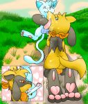  2018 animal_genitalia anthro balls bandanna blush butt canine cum cute cutw digital_media_(artwork) duo erection fan_character fur hi_res invalid_color invalid_tag licking male male/male mammal nintendo nude open_mouth pawpads paws penis pok&eacute;mon pok&eacute;mon_(species) riolu scarf shiny thick_thighs toes tongue tongue_out video_games zoruabydefault 