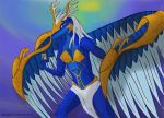  antlers blue_eyes card clothing dragon feathered_dragon feathers female hair horn loincloth looking_at_viewer mercrantos saffira_queen_of_dragons white_hair wings yu-gi-oh 