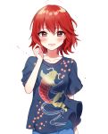  animal_print arm_behind_back bangs blue_shirt blush brown_eyes collarbone commentary_request eyebrows_visible_through_hair fish_print hand_up hat idolmaster idolmaster_cinderella_girls idolmaster_cinderella_girls_starlight_stage looking_at_viewer manio murakami_tomoe open_mouth print_shirt red_hair revision shirt short_hair short_sleeves solo standing t-shirt white_background wind 