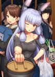  3girls bag bangs bare_shoulders black_hair blue_coat blue_pants blunt_bangs blush breasts brown_coat brown_eyes brown_hair cabbage coat collarbone dress eyebrows_visible_through_hair food fur-trimmed_coat fur_trim giving hair_ribbon hand_on_hip hatsuyuki_(kantai_collection) headgear highres hime_cut holding holding_bag ichikawa_feesu indoors isonami_(kantai_collection) kantai_collection long_hair looking_at_viewer meat medium_breasts multiple_girls murakumo_(kantai_collection) off_shoulder one_eye_closed open_mouth pants plaid plaid_scarf pot ribbon scarf shopping_bag sidelocks silver_hair snow_on_head snowing spring_onion sweater tress_ribbon 