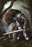  2016 black_lips black_nose brown_eyes brown_fur canine day detailed_background digital_media_(artwork) fur holding_object holding_weapon mammal melee_weapon moss outside sword teeth the-urocyon weapon wolf 