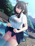  :d alternate_costume animal_ears azur_lane black_hair blush breasts bridge day fusou_(azur_lane) groin hair_over_shoulder highres large_breasts long_hair mountain oekakizuki one-piece_swimsuit open_mouth outdoors school_uniform skindentation skirt skirt_lift smile solo stream swimsuit swimsuit_under_clothes teeth thighhighs white_legwear 