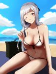  ak-12_(girls_frontline) arm_support bangs bare_arms bare_shoulders beach beach_mat bikini bikini_tug blue_sky blush braid breasts cleavage closed_mouth cloud commentary cooler cyka day eyebrows_visible_through_hair french_braid front-tie_bikini front-tie_top girls_frontline groin half-closed_eye head_tilt highres leaning_forward long_hair looking_at_viewer medium_breasts navel ocean one_eye_closed outdoors purple_eyes ribbon sand side-tie_bikini sidelocks silver_hair sitting sky smile solo stomach swimsuit thighs very_long_hair 